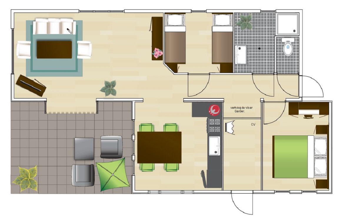 Plattegrond van de 4-persoons bungalow aan de bosrand bij Lemeler Esch natuurcamping
