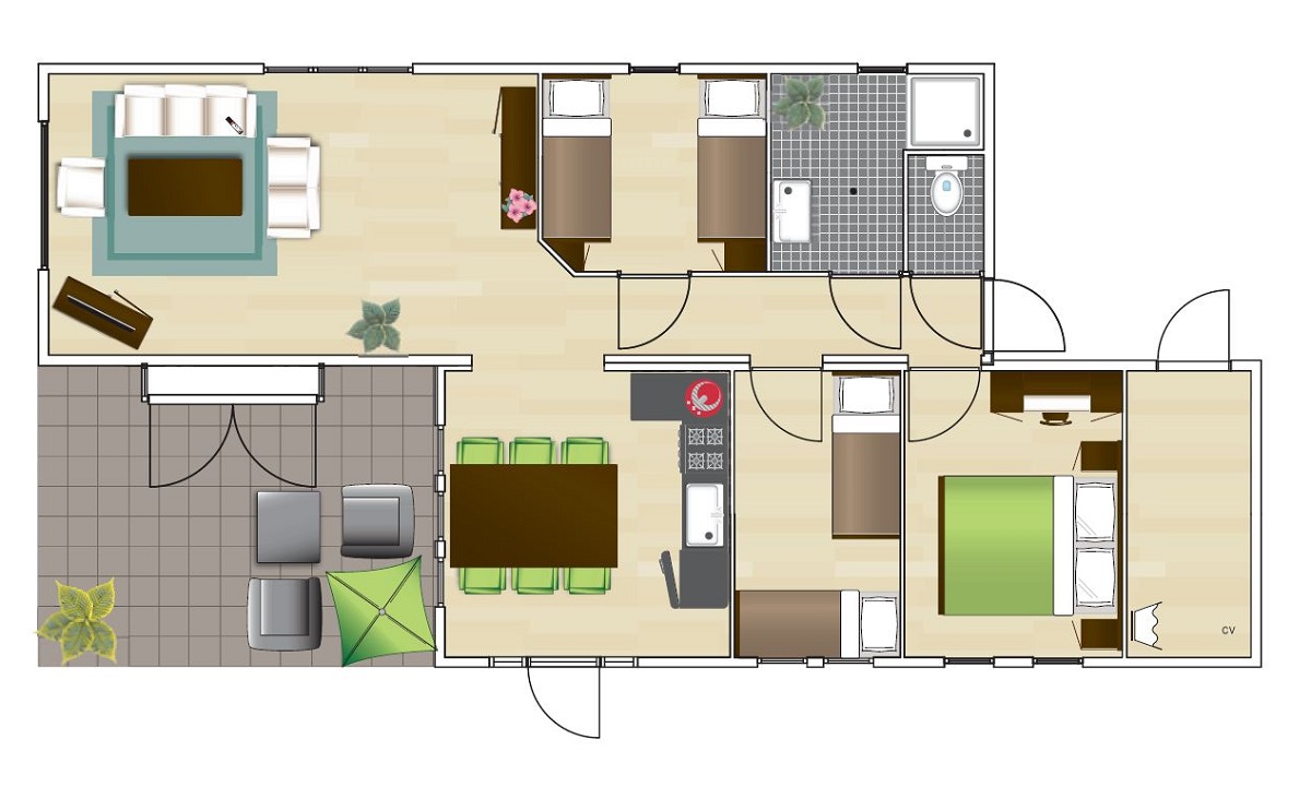 Plattegrond van de 6-persoons bungalow aan de bosrand bij Lemeler Esch natuurcamping