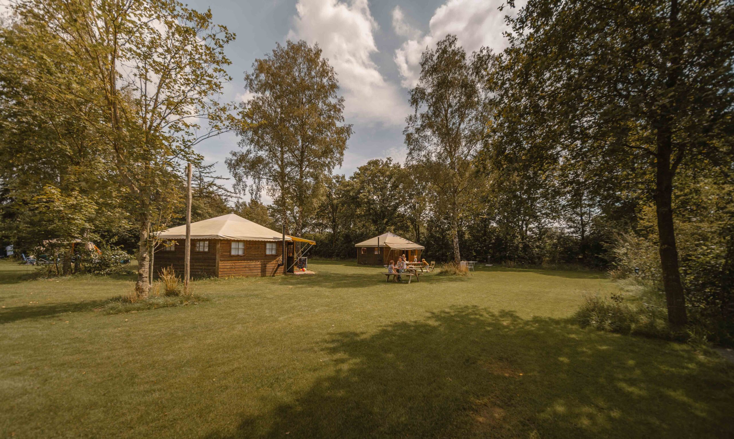 Boslodges op kampeerveld Boomgaard bij Lemeler Esch natuurcamping