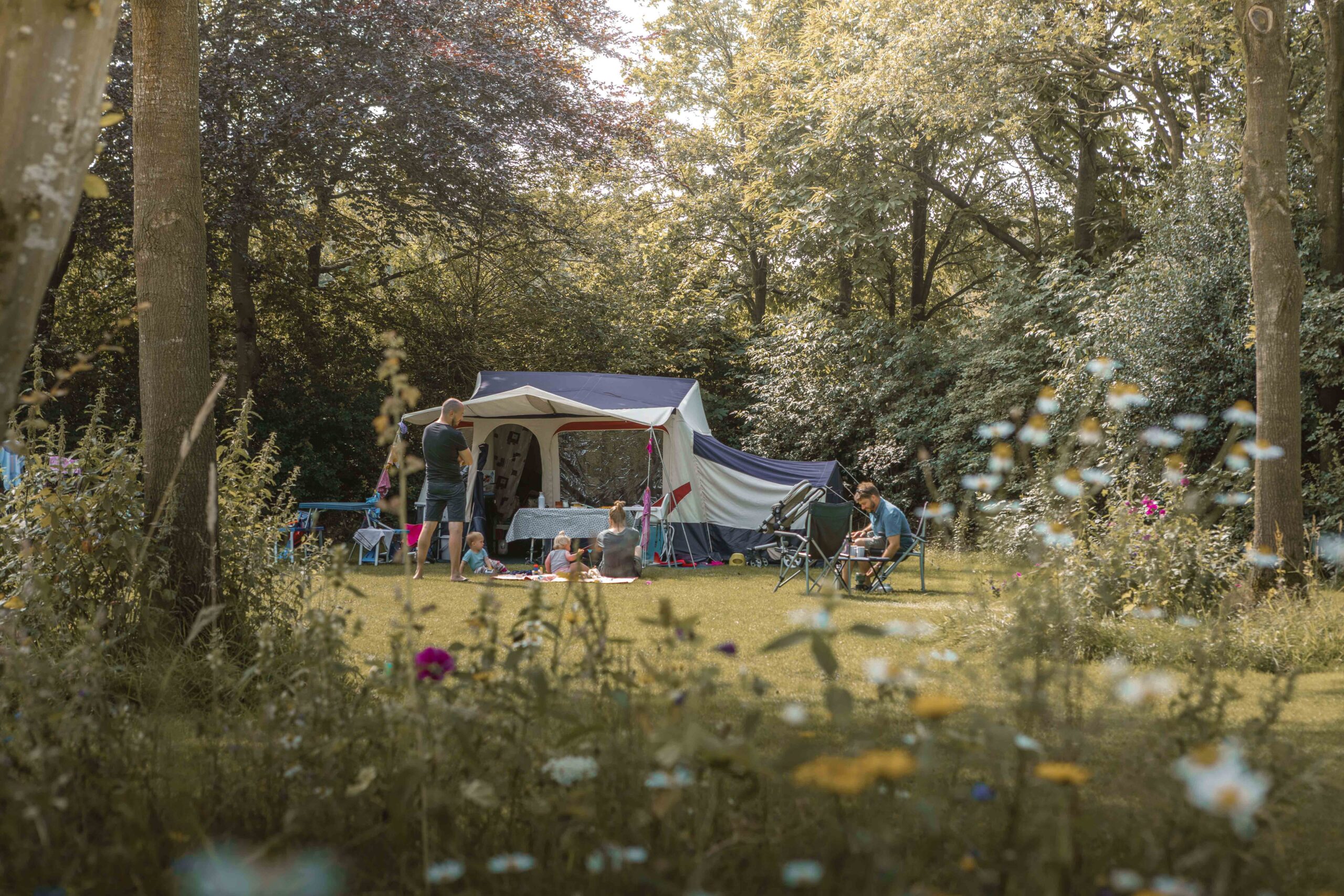 Familie op kampeerveld Bloemenweide bij Lemeler Esch natuurcamping in Overijssel