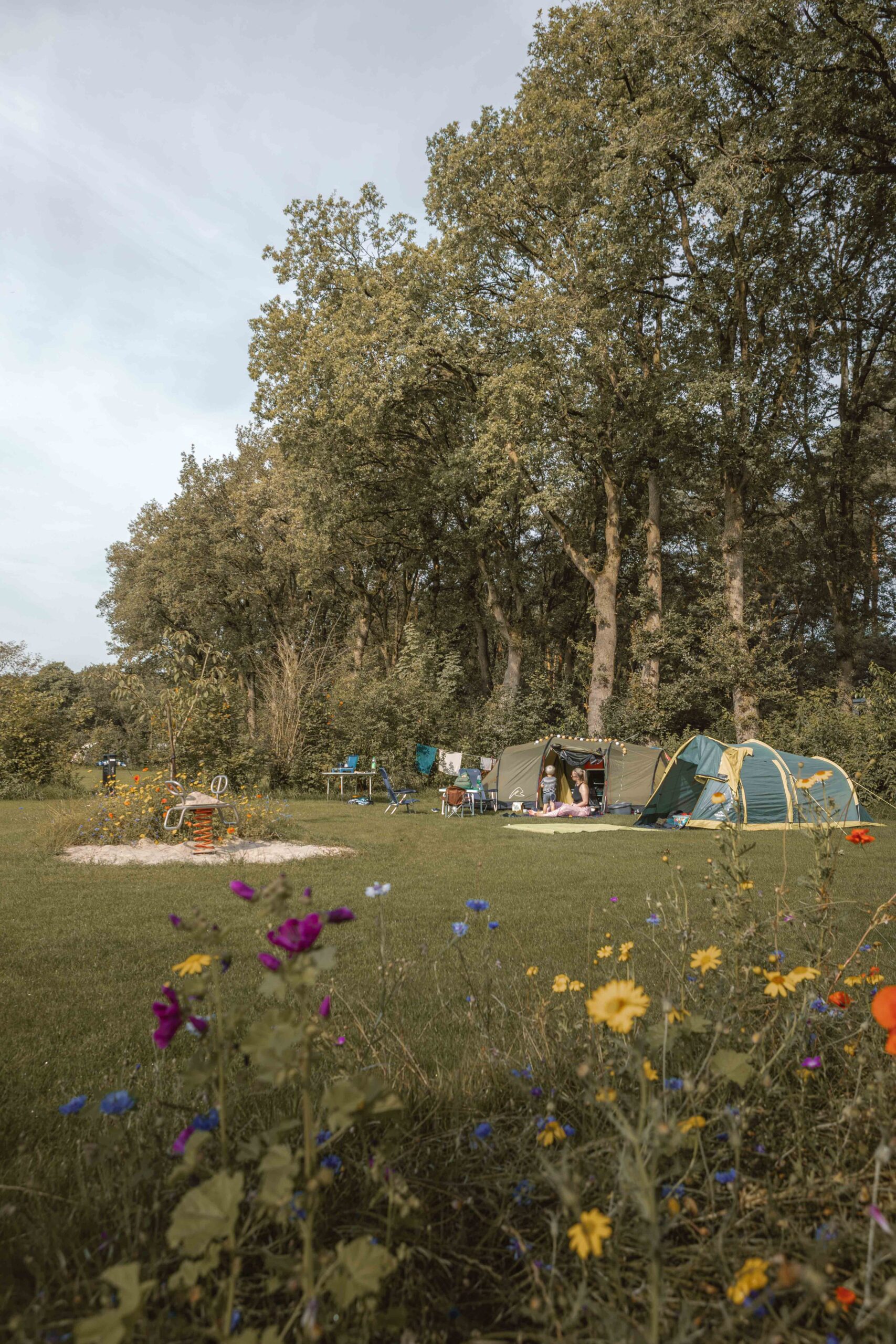Moeder en kind bij tent op kampeerveld Boomgaard bij Lemeler Esch natuurcamping