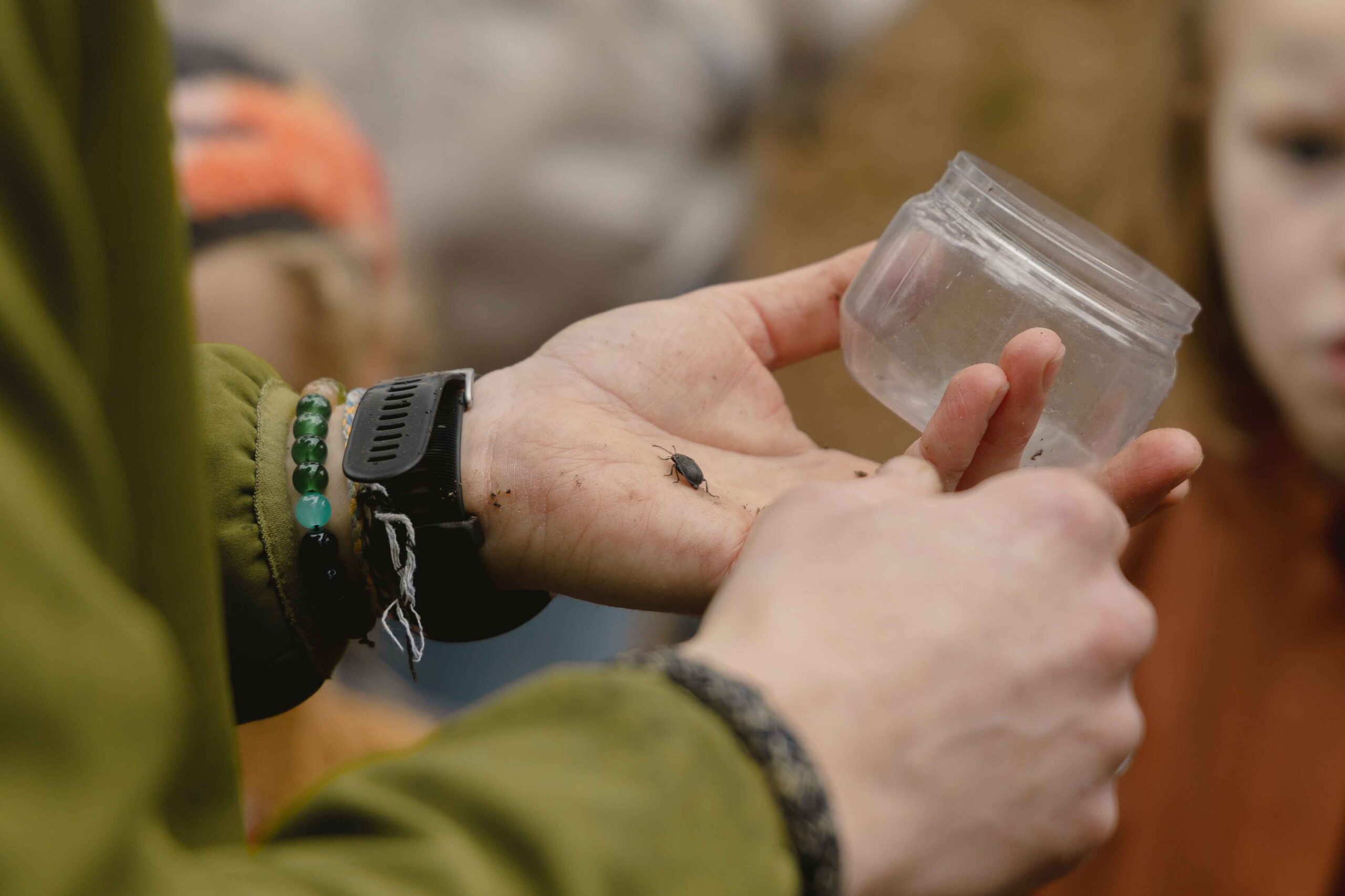 Insectenpotje in hand van bioloog Marijn tijdens de bosexcursie bij Lemeler Esch
