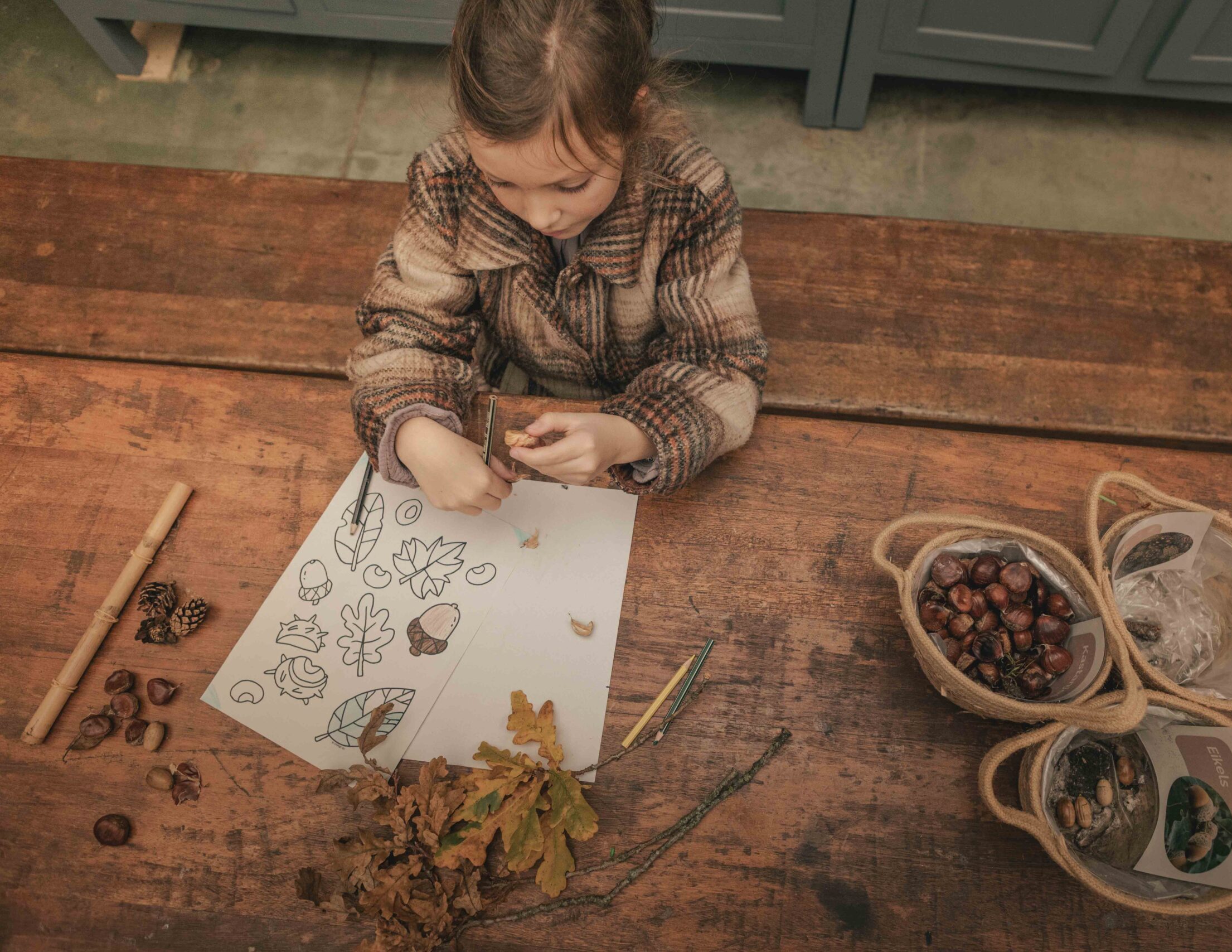 Kind knutselt met natuur in de natuurschuur van Lemeler Esch in de herfst