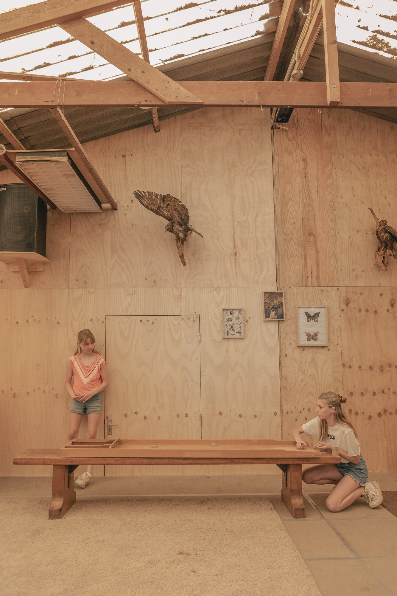 Kinderen aan het sjoelen in de natuurschuur van Lemeler Esch