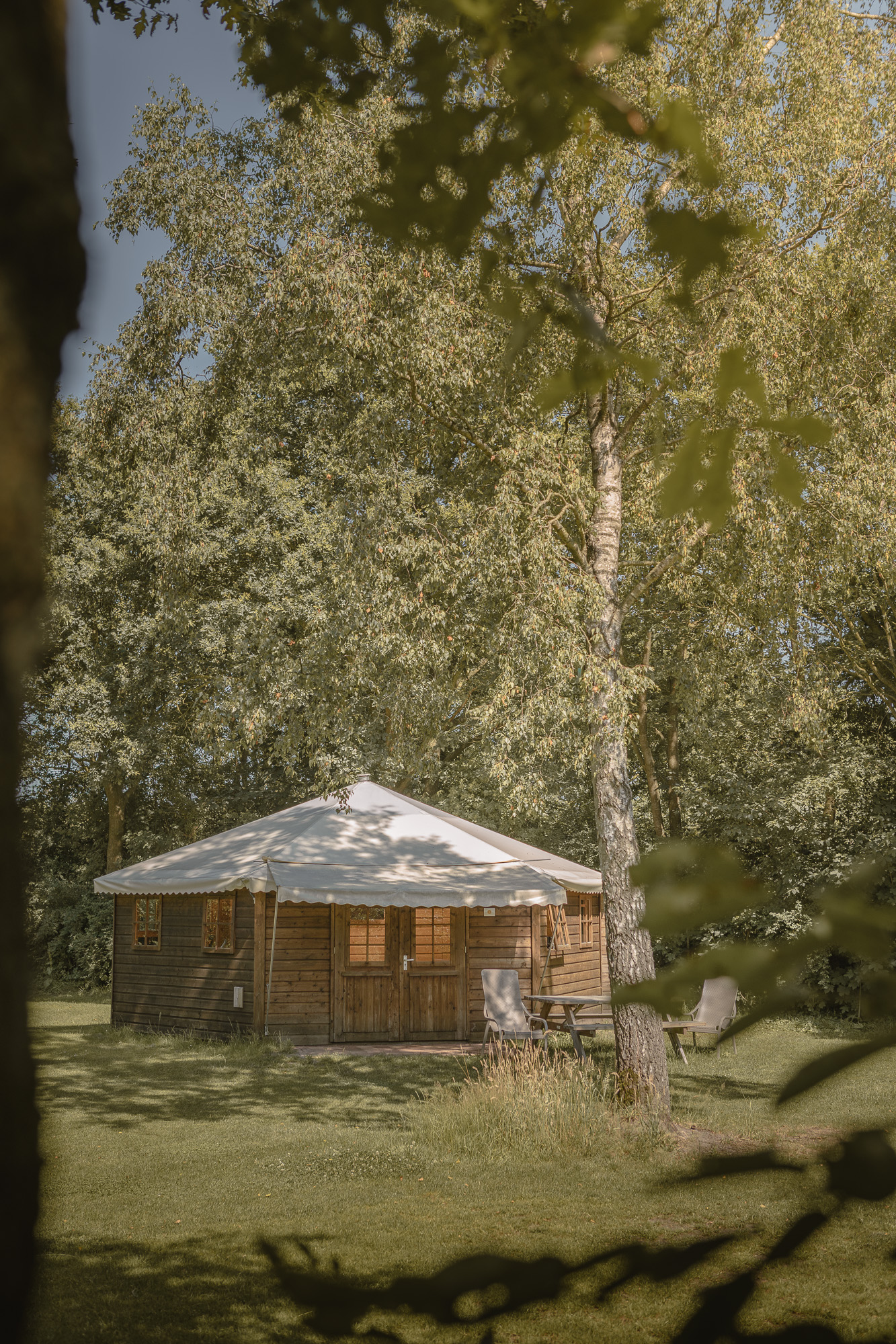 Boslodge op kampeerveld Boomgaard bij natuurcamping Lemeler Esch in Overijssel